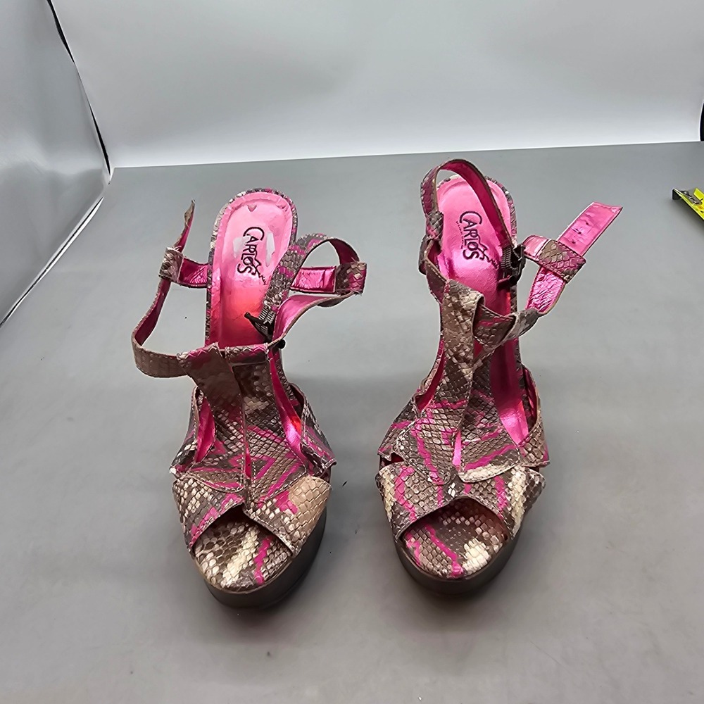 Carlos by Carlos Santana Pink Snakeskin Platform Sandals T-Strap Heels Size 9M